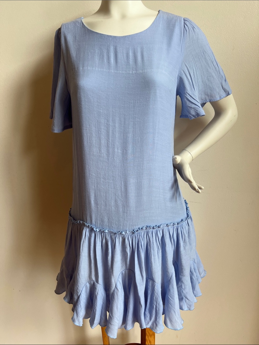 Lalavon Blue Ruffle Hem Short Sleeve Dress with swing skirted bottom